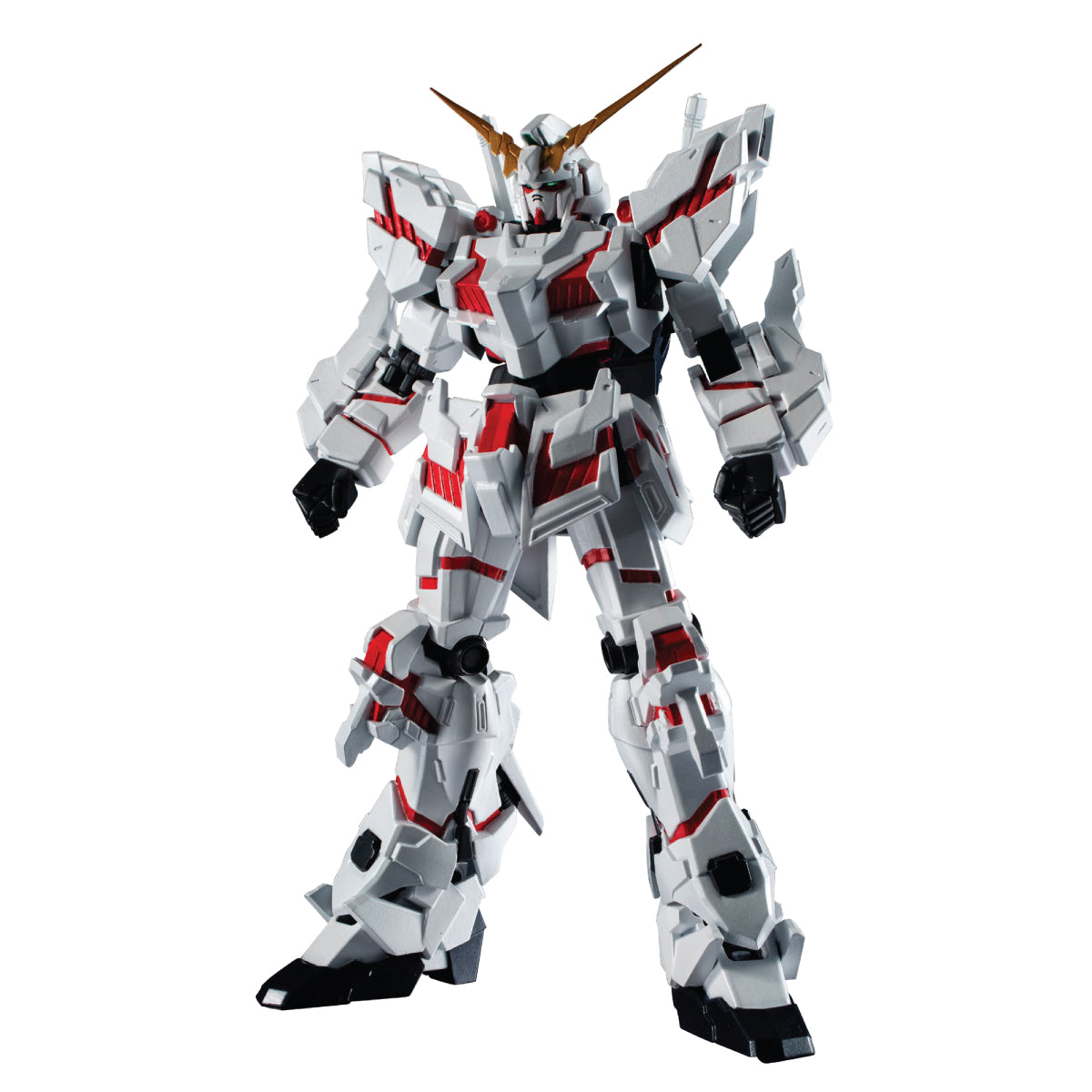 Mechanical robot model with white, red, and black design on a white background