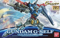 Model kit of Gundam G-Self with Bandai logo on a blue background