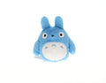 A small blue plush toy shaped like Totoro from My Neighbor Totoro, featuring a white belly and large round eyes, photographed on a plain white background.