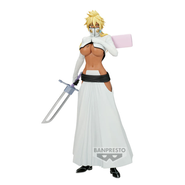 Figure of a character from a popular anime series, holding a sword, on a white background with 'Banpresto' branding.