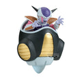 Toy figure of a character in a Saiyan spacecraft with 'Banpresto' branding on a white background