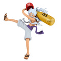 A Banpresto One Piece anime figure of Luffy in a dynamic pose, wearing a red helmet with the number 56, white shorts, and sandals, while carrying a large yellow barrel marked with '88'.