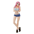 Figurine of a character with pink hair and denim shorts on a white background