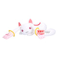 A white plush toy with pink inner ears, pink eyes, and small pink feet, posed lying down with one arm extended. The plush has yellow circular accents near the hands and a small red curved accent on the back.