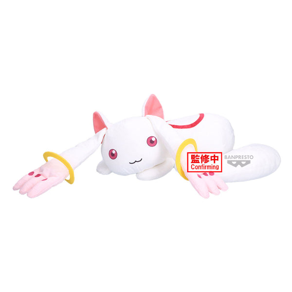 A white plush toy with pink inner ears, pink eyes, and small pink feet, posed lying down with one arm extended. The plush has yellow circular accents near the hands and a small red curved accent on the back.