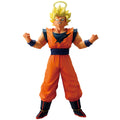 Action figure in orange and blue outfit with yellow spiky hair on a white background