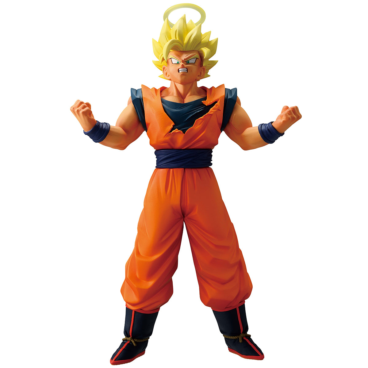 Action figure in orange and blue outfit with yellow spiky hair on a white background