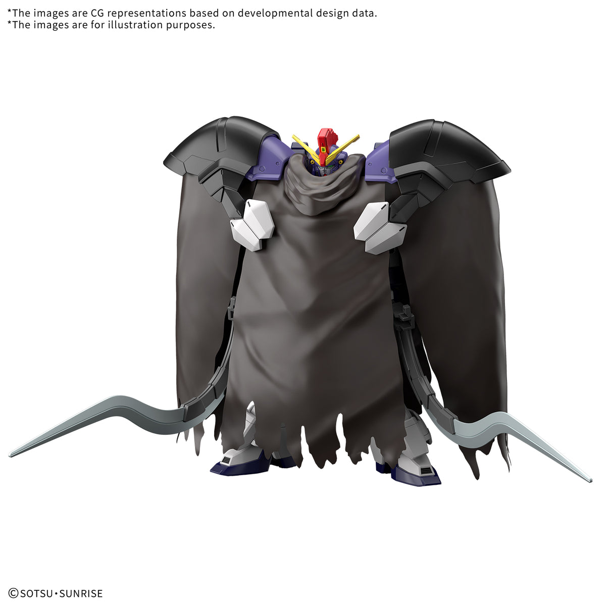Character in dark cloak with wings on a white background, SOTSU-SUNRISE logo visible