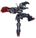 Robot action figure with red and gray design on a white background