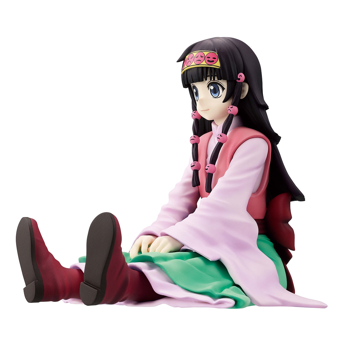 An anime figurine of a seated female character with long black hair, wearing a pink and green outfit with red boots, photographed against a plain white background.