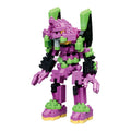 Toy figure made of interlocking bricks in purple, green, and black on a white background
