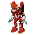 A small red, orange, white, black, and silver toy robot figure built from interlocking blocks, shown standing against a plain white background.
