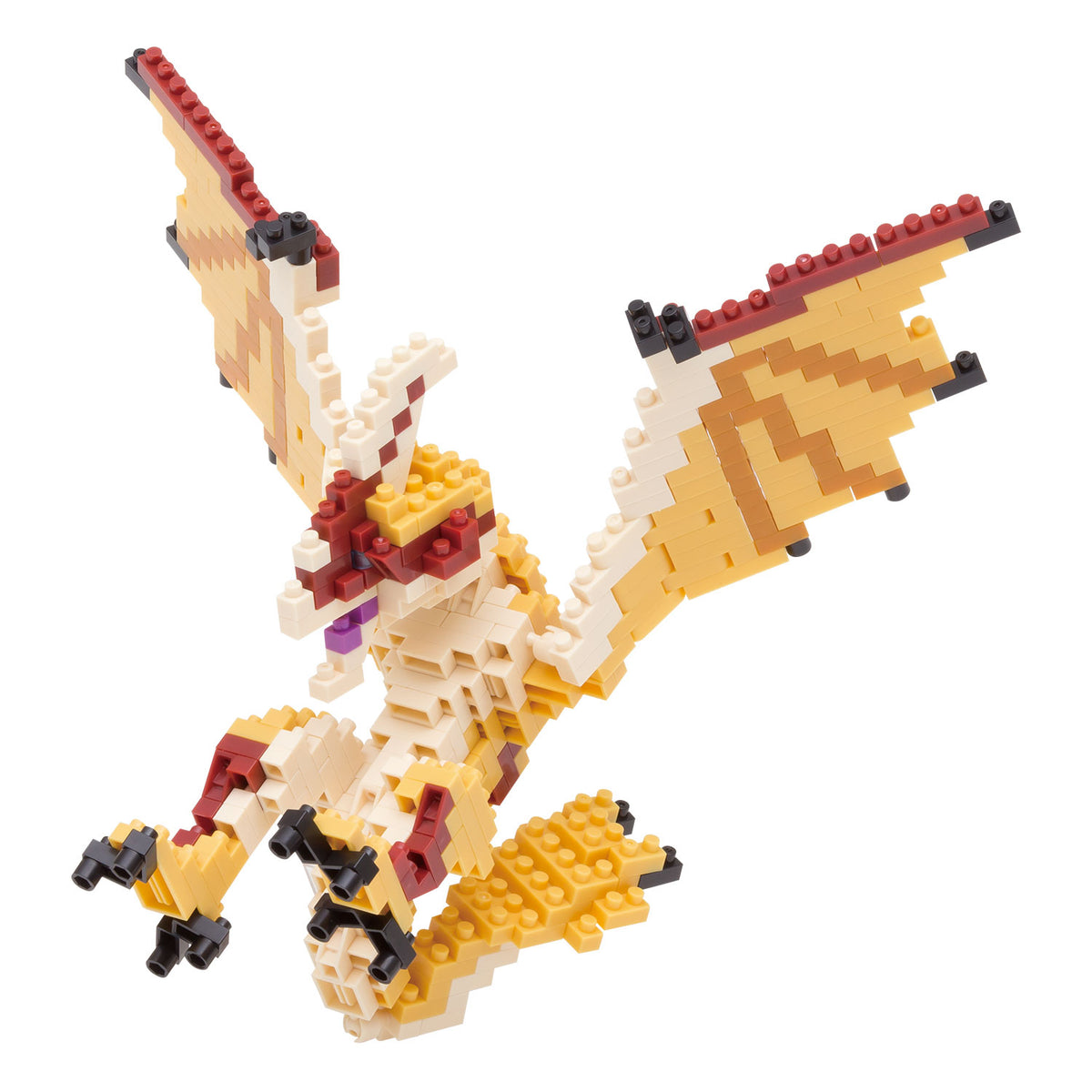 Toy dragon model made from interlocking bricks on a white background
