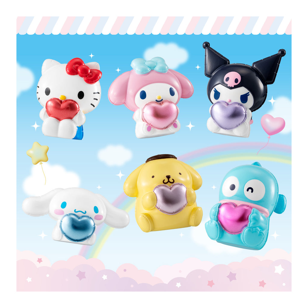 Set of colorful cartoon character figurines with heart-shaped objects on a blue background with clouds and rainbows.