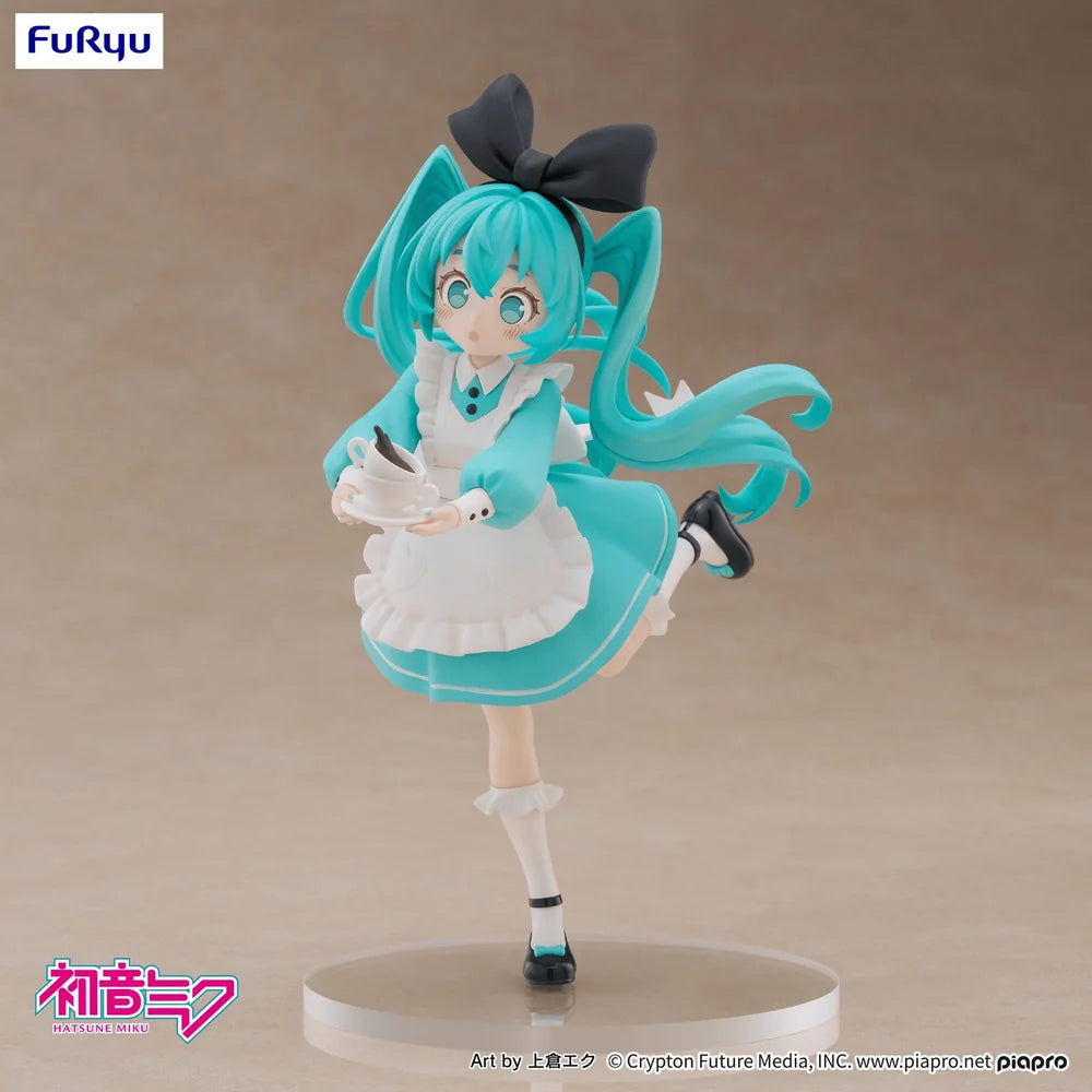 Figurine of a character with turquoise hair and outfit on a beige background, featuring the Furyu brand.