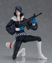 Action figure in a dynamic pose with a weapon on a gray background
