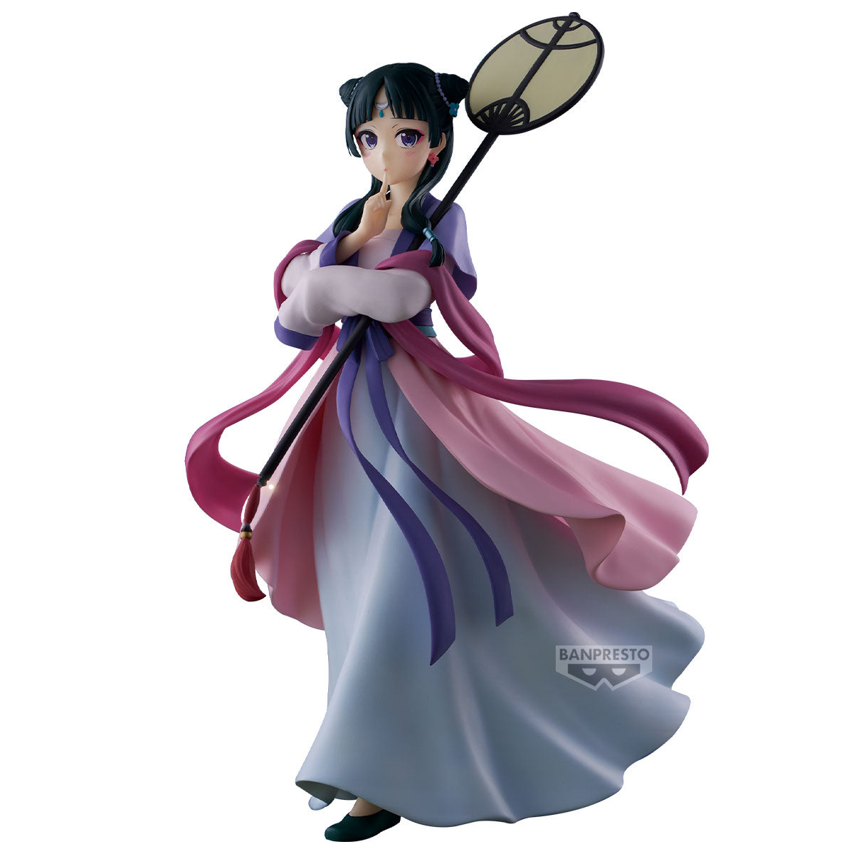 Anime character figurine with long pink hair and traditional outfit on a white background
