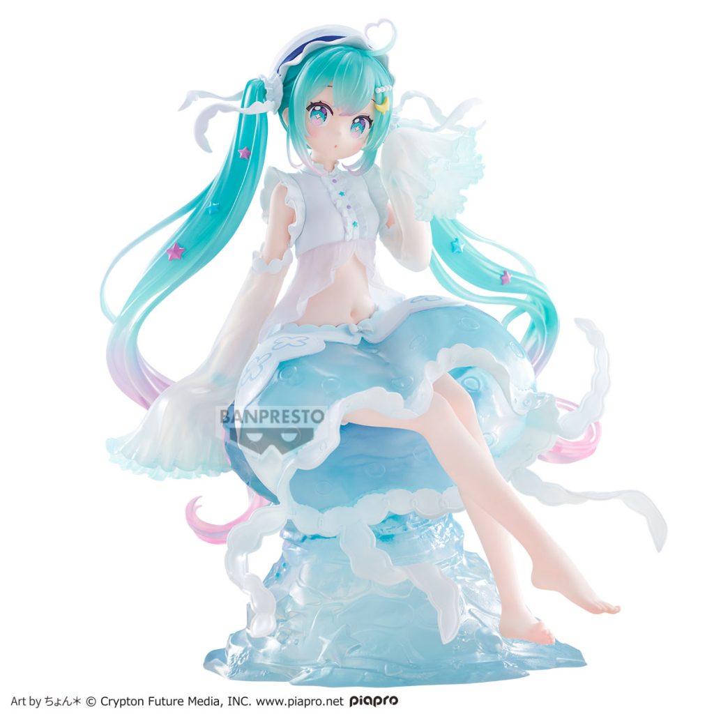 A Banpresto Hatsune Miku figure in a jellyfish-themed outfit, seated on a translucent icy jellyfish base against a white background.