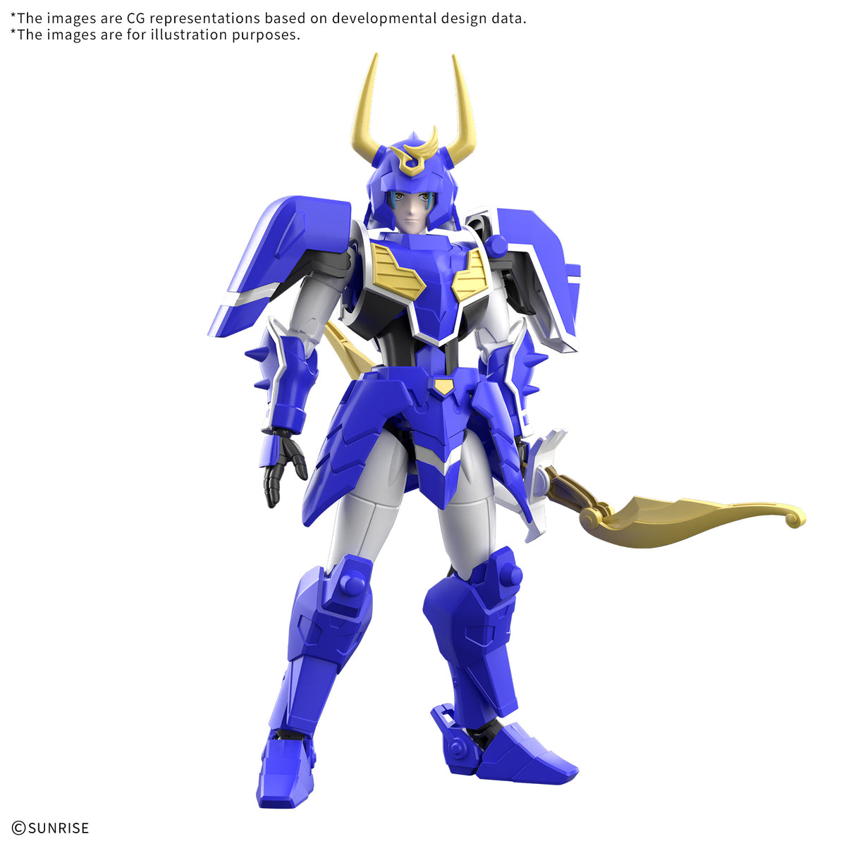 Blue and gold robot figure with a weapon on a white background