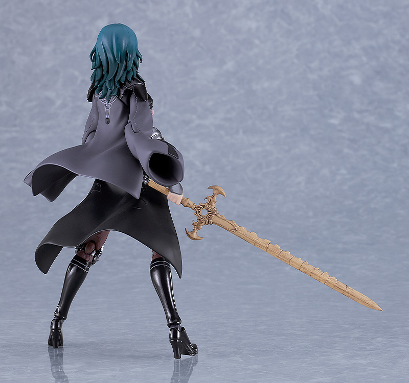 Figure with long blue hair and a large sword on a gray background