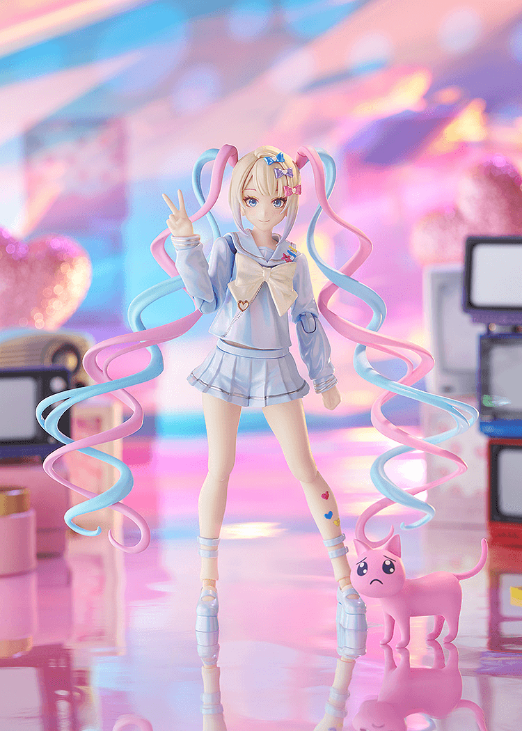 A figma of OMGkawaiiAngel from NEEDY STREAMER OVERLOAD, featuring multiple face plates and optional parts for various poses, including a :( Cat accessory.