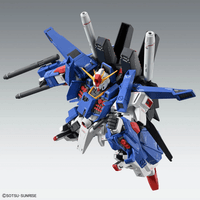 Model kit of a robot with blue, white, and red colors on a gray background