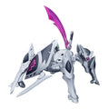 Toy robot with a pink sword on a white background