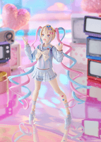 A figma of OMGkawaiiAngel from NEEDY STREAMER OVERLOAD, featuring multiple face plates and optional parts for various poses, including a :( Cat accessory.