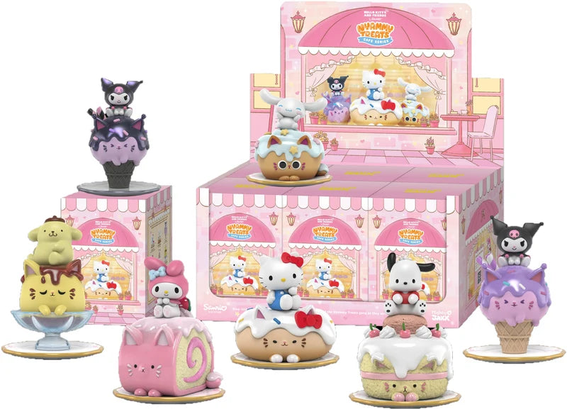 A set of Sanrio Hello Kitty and Friends dessert-themed collectible figurines displayed in front of their pink retail packaging on a white background.