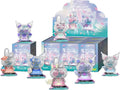 A display of Sanrio My Melody Kuromi blind box figures and their retail packaging, featuring five different pastel-colored floating bunny characters in clear domes.