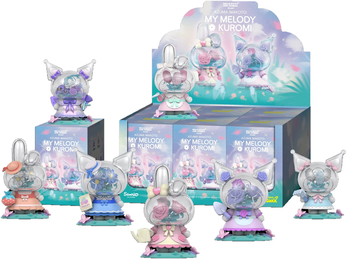 A display of Sanrio My Melody Kuromi blind box figures and their retail packaging, featuring five different pastel-colored floating bunny characters in clear domes.