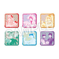Six square anime-themed acrylic charms or badges arranged in a 2x3 grid on a white background, each with a different character illustration and pastel checkerboard pattern. A large translucent SAMPLE watermark overlays the center of the image.