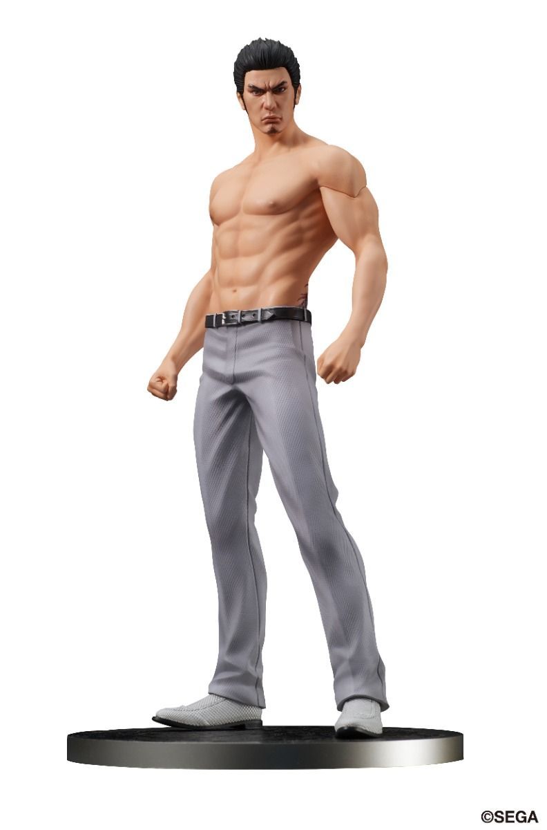 Statue of a muscular figure wearing gray pants on a white background