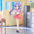 An anime figurine of the character Furuya from Lucky Paradise, standing in a school hallway. The figure has long purple hair, blue eyes, and is wearing a pink and white sailor fuku uniform, holding a small device.