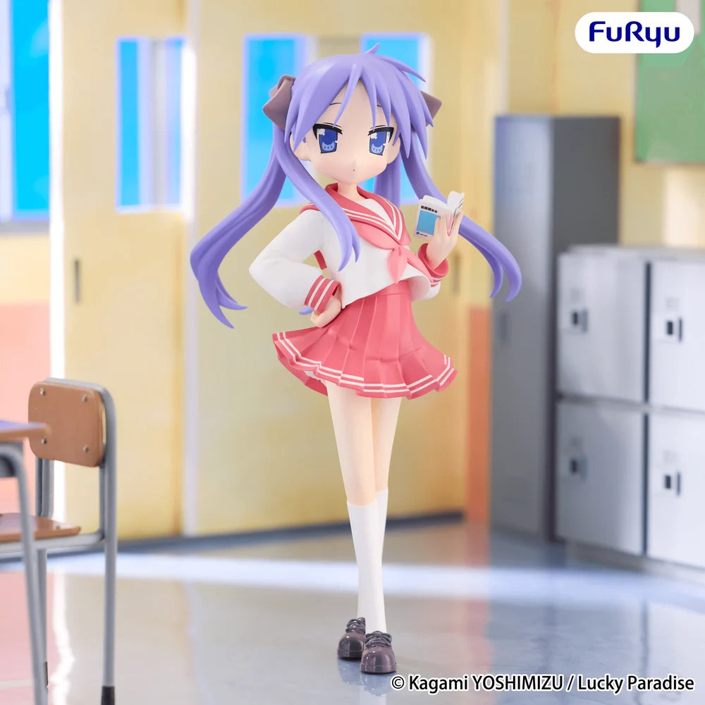 An anime figurine of the character Furuya from Lucky Paradise, standing in a school hallway. The figure has long purple hair, blue eyes, and is wearing a pink and white sailor fuku uniform, holding a small device.