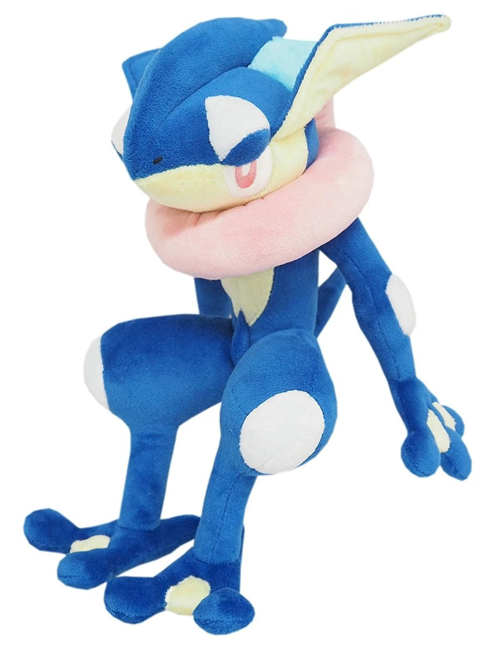 Blue and pink plush toy on a white background