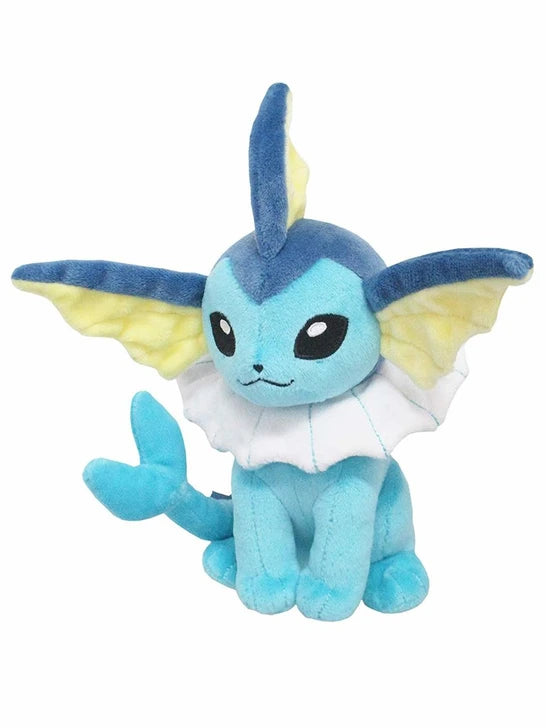 Blue and yellow plush toy with large ears on a white background
