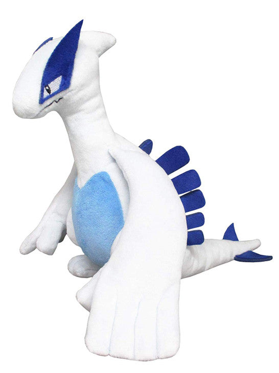 Plush toy of a white and blue dinosaur-like creature on a white background