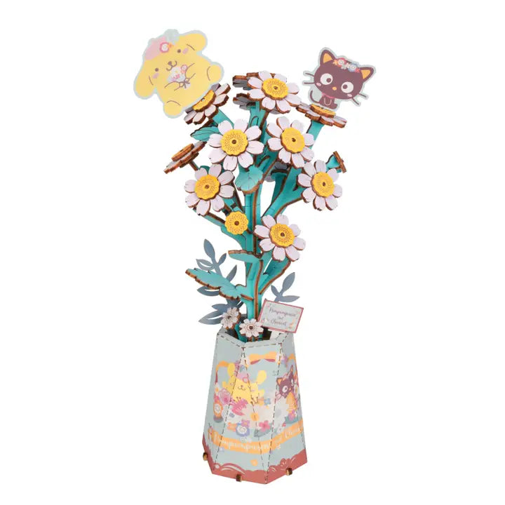 A colorful 3D papercraft model of a flower bouquet in a patterned vase, featuring cartoon-style characters on the petals, set against a plain white background.