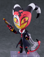 A Nendoroid of Blitzo from Helluva Boss featuring multiple face plates and optional poseable parts like a gun, smartphone, and Grimoire. Comes with stand.