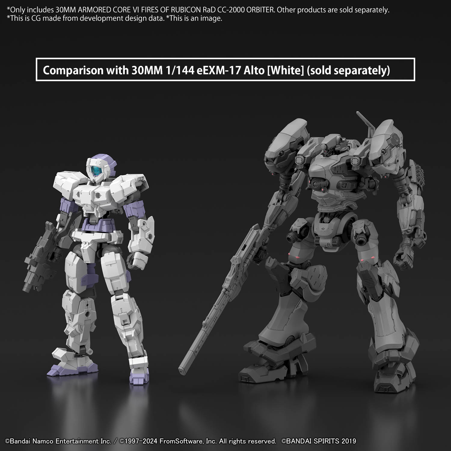The image depicts the Orbiter Model Kit from Bandai Spirits next to another model kit for a height comparison at 1/144 scale.