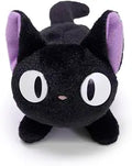A black cat plush toy with large white eyes, a small pink nose, and purple inner ears, photographed against a plain white background.