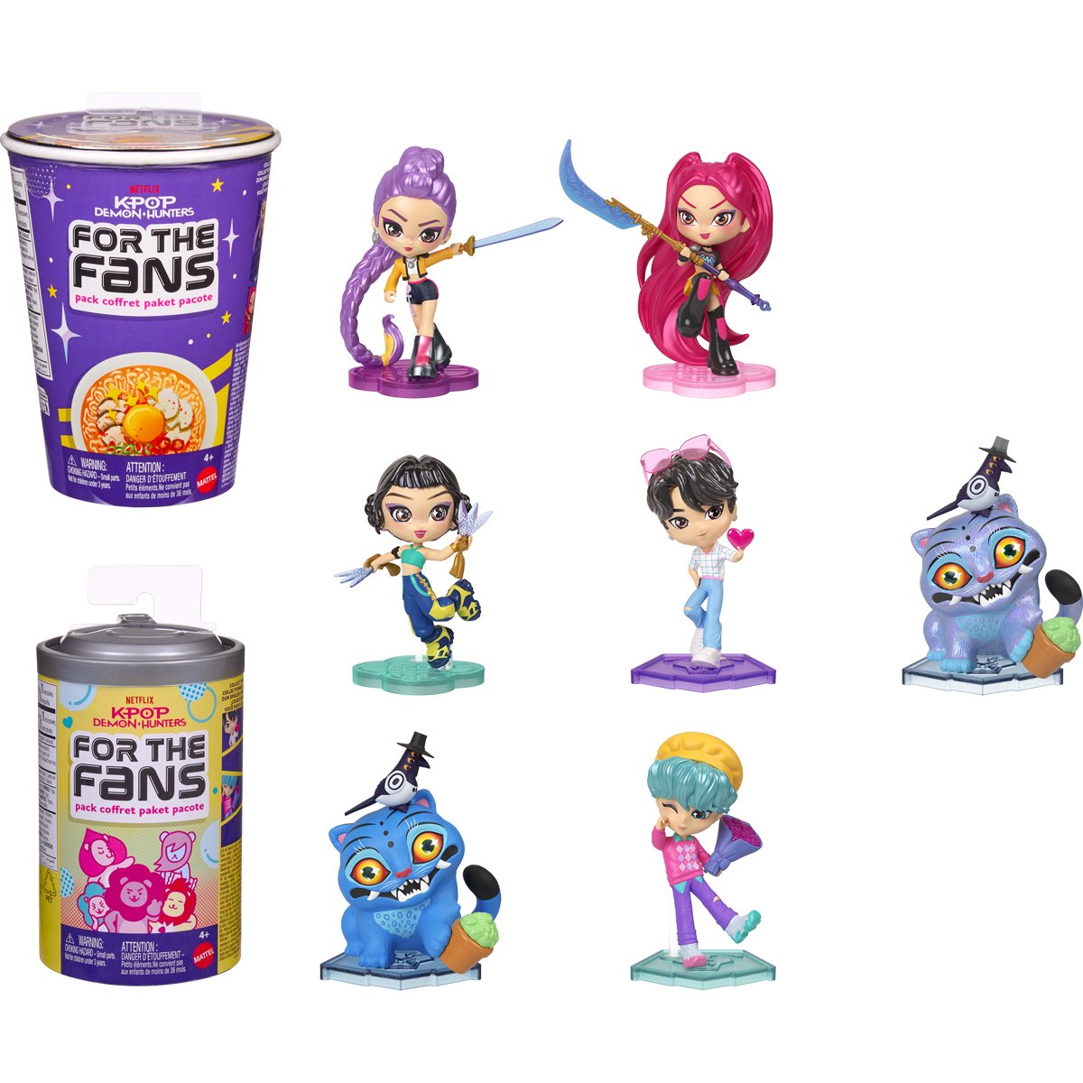 A set of Kidz Pop! 'For the Fans' pink coffee table puzzles, showing two mystery canisters and eight small character figurines on a plain white background.
