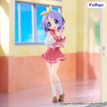 Anime figurine of a character with purple hair and a pink outfit in a classroom setting, with 'Furyu' branding.