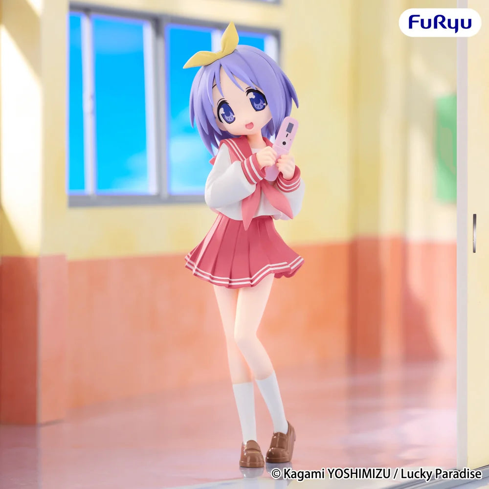Anime figurine of a character with purple hair and a pink outfit in a classroom setting, with 'Furyu' branding.