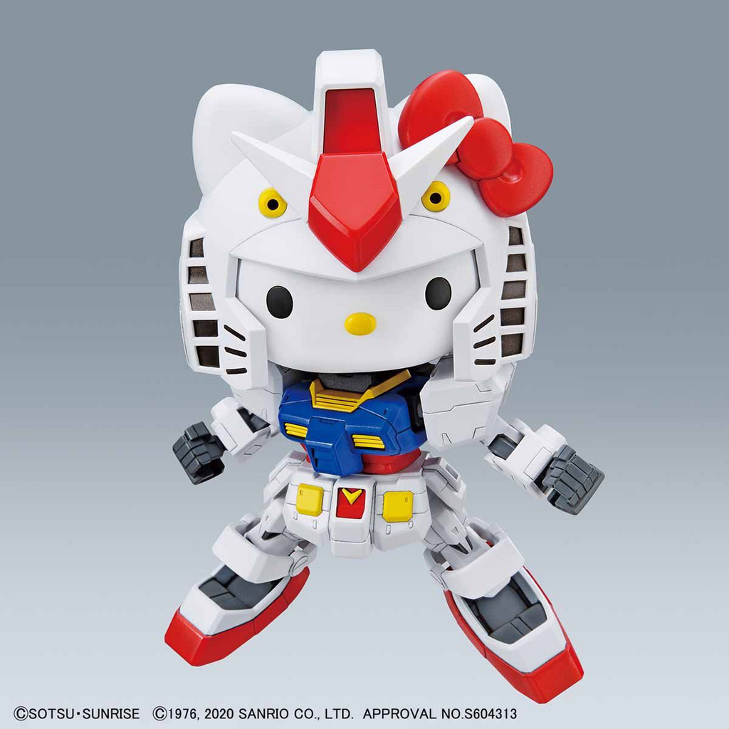 This model kit combines Hello Kitty and RX-78-2 Gundam in SD EX-Standard form, allowing separate or hybrid display options. It includes poseable figures, accessories, and snap-together assembly.