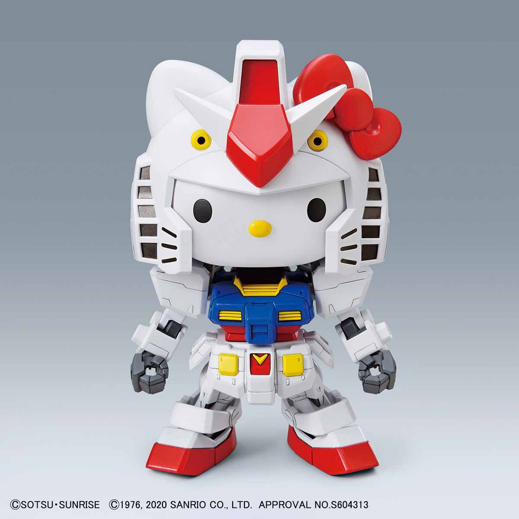 This model kit combines Hello Kitty and RX-78-2 Gundam in SD EX-Standard form, allowing separate or hybrid display options. It includes poseable figures, accessories, and snap-together assembly.