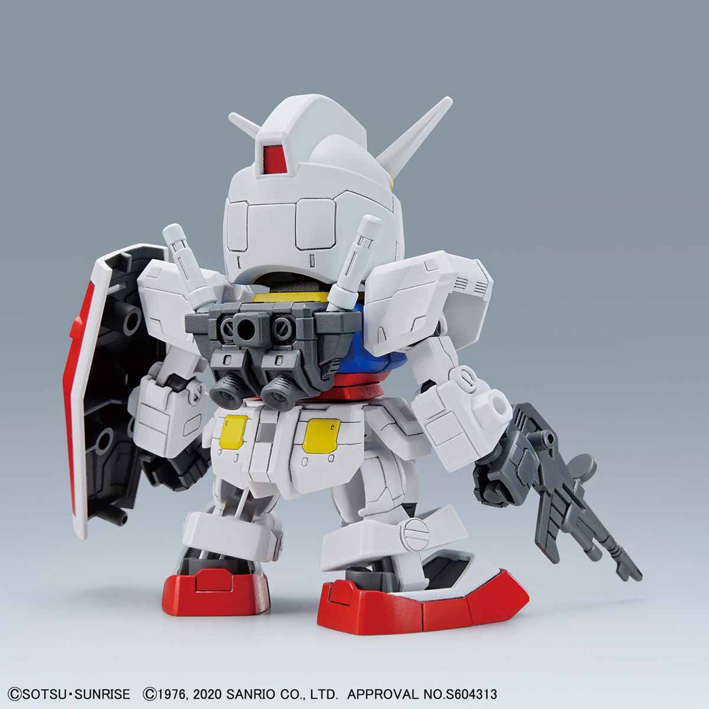 This model kit combines Hello Kitty and RX-78-2 Gundam in SD EX-Standard form, allowing separate or hybrid display options. It includes poseable figures, accessories, and snap-together assembly.