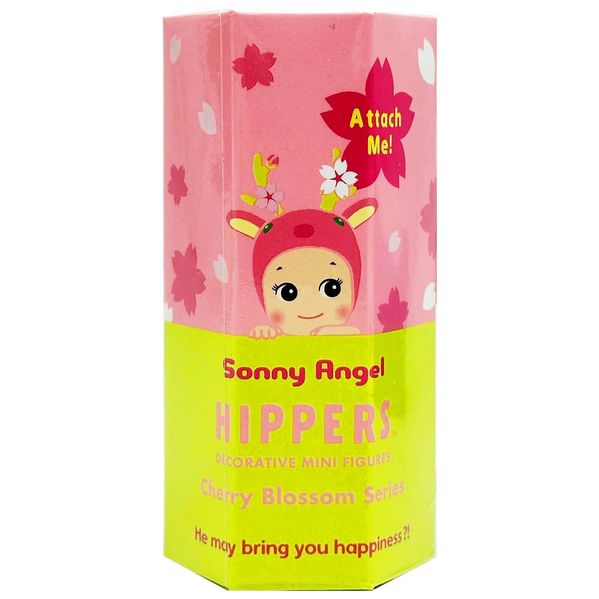 A boxed decorative mini flower product labeled Sonny Angel Hippers Cherry Blossom Saps, with a pink upper section, yellow-green lower section, cartoon baby face, and red cherry blossom graphics on a white background.