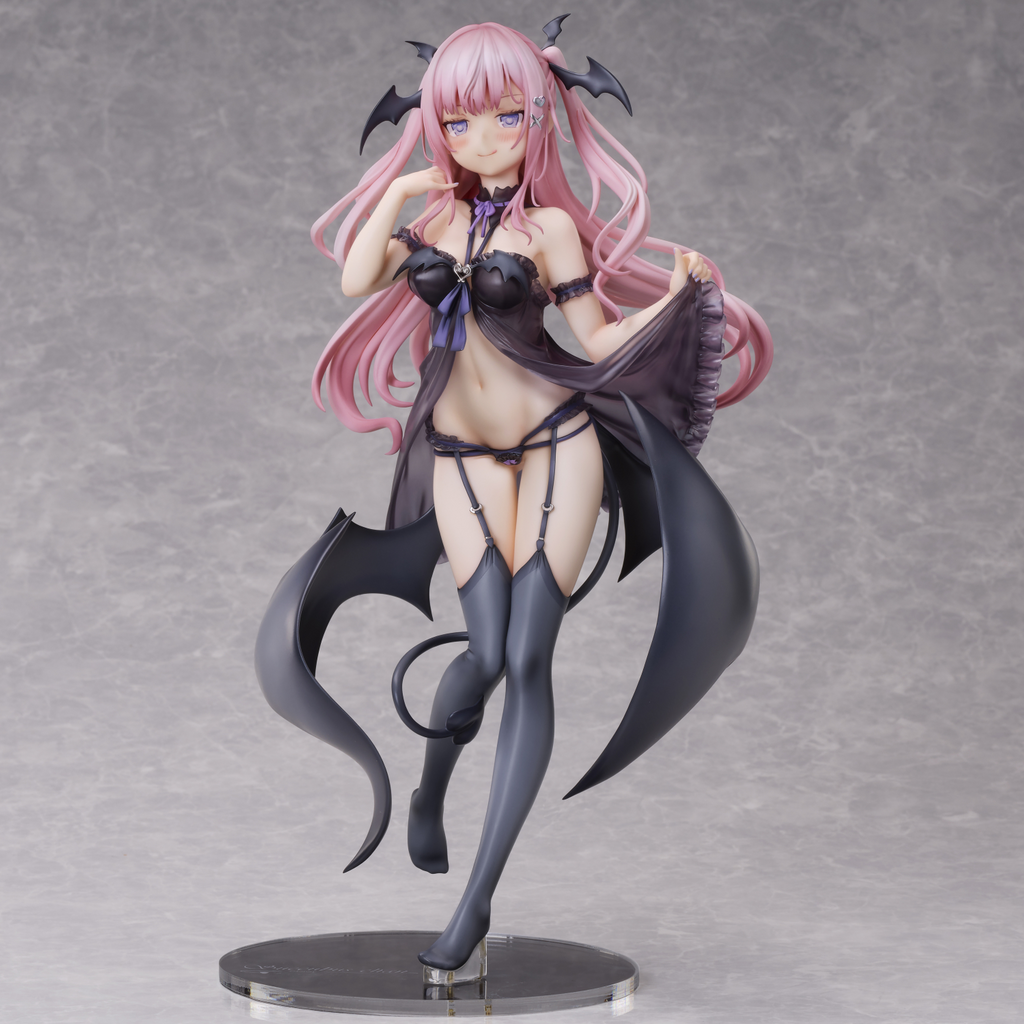 Anime character figurine with pink hair and black outfit on a gray background